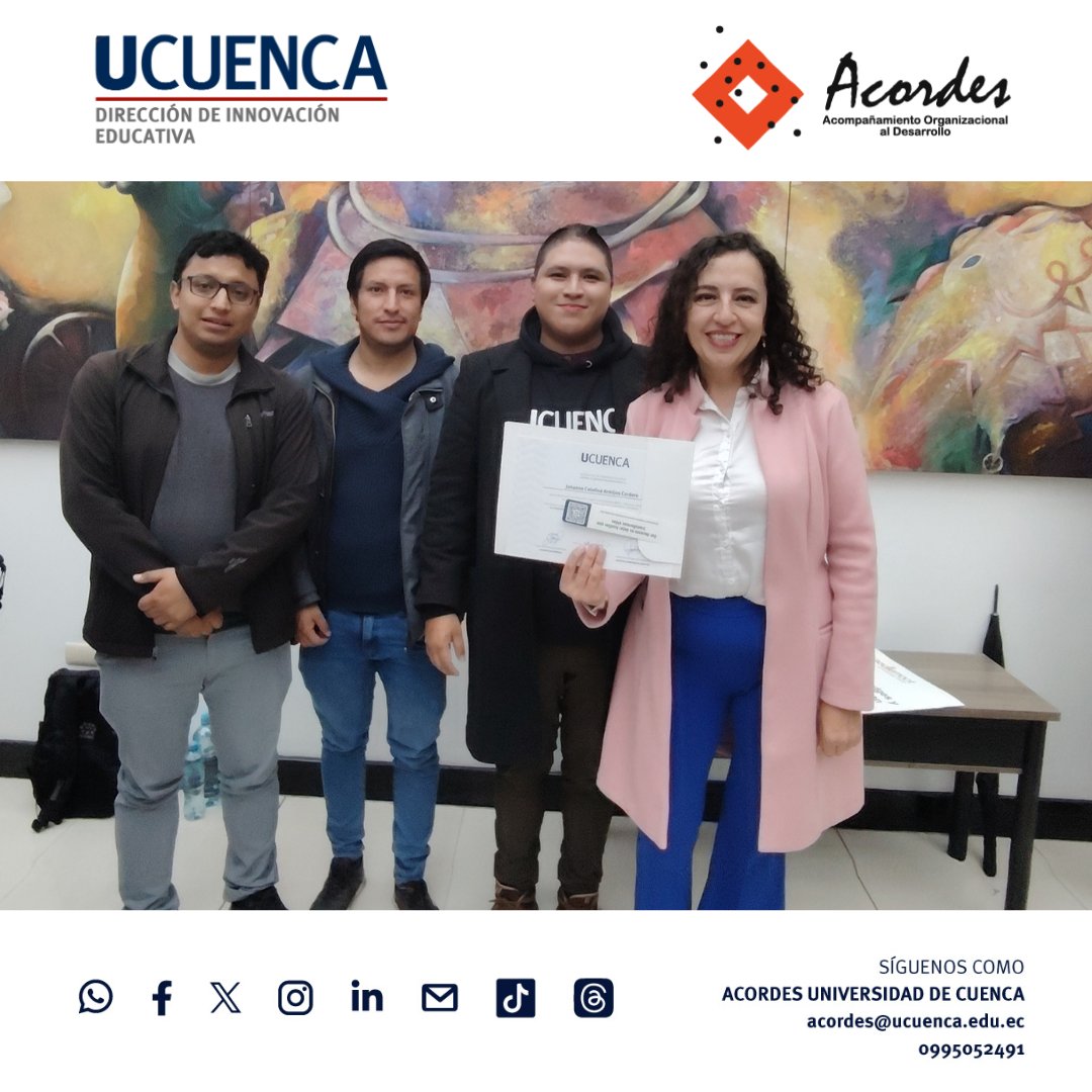 TeamAcordesUC's tweet photo. Nuestra propuesta fue seleccionada en la 1ra Convocatoria MOOC de la U. de Cuenca 🎓💥
Desde la #EPS y #EmprendimientoSocial, apostamos por una educación transformadora .

👏 Y  nuestra compañera Johanna Espinoza fue reconocida por su desempeño docente.

#UCUENCA #AcordesUCuenca https://t.co/fbuflniM7w