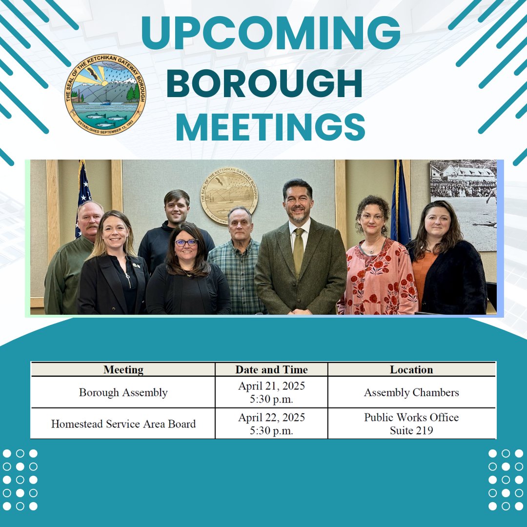 Stay informed about upcoming Borough meetings! Unless stated otherwise, public meetings take place at the White Cliff Building, 1900 First Ave.

For details on how to participate, contact the Borough Clerk’s Office at (907) 228-6605 or email boroclerk@kgbak.us.