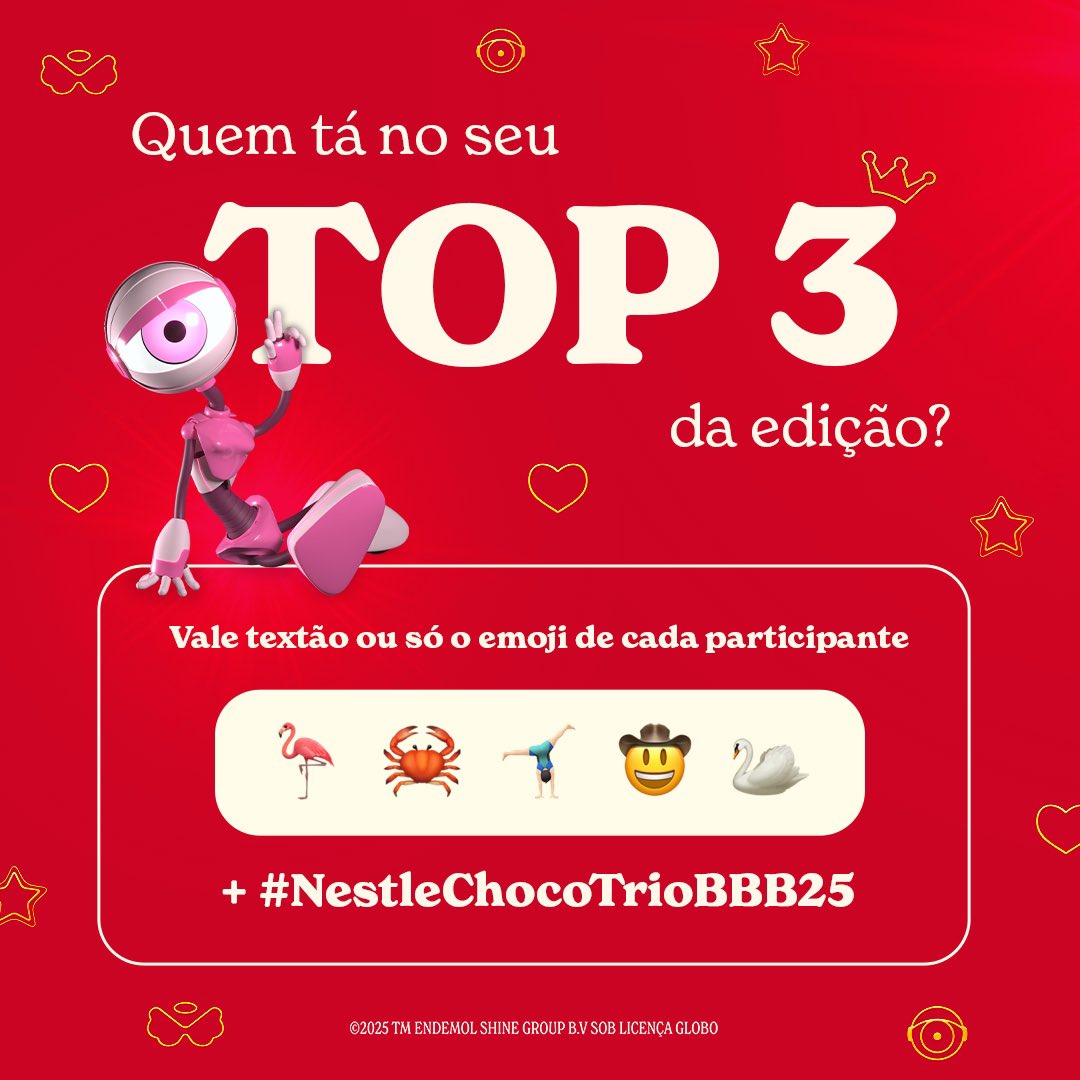 3 camadas (igual a gente 😊). E 3 favoritos.
Qual é o seu TOP 3 do BBB? 
#NestleChocoTrioBBB25 #BBB25