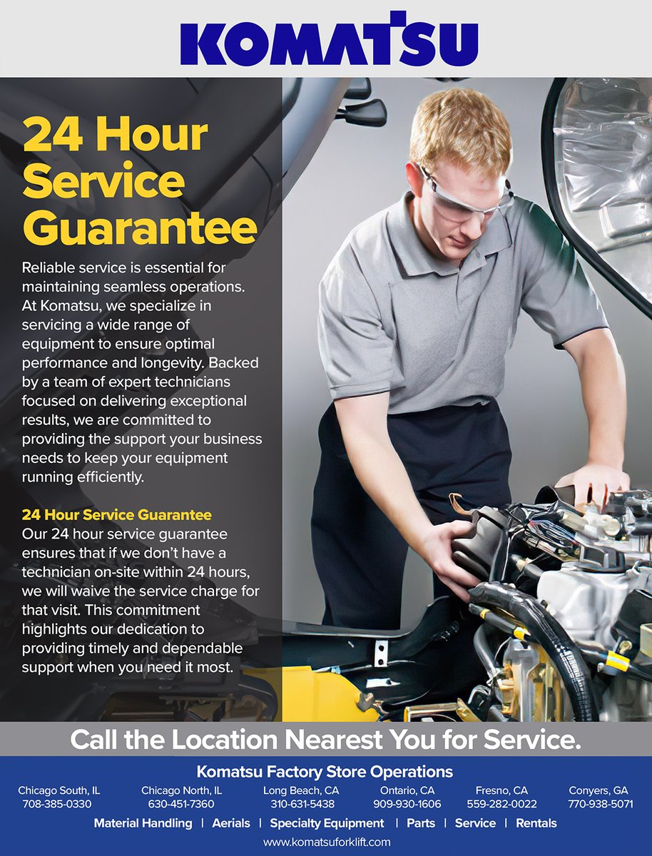 Our 24 hour service guarantee ensures that if we don’t have a technician on-site within 24 hours, we will waive the service charge for that visit. This commitment highlights our dedication to providing timely and dependable support when you need it most.

#Komatsu #forklift