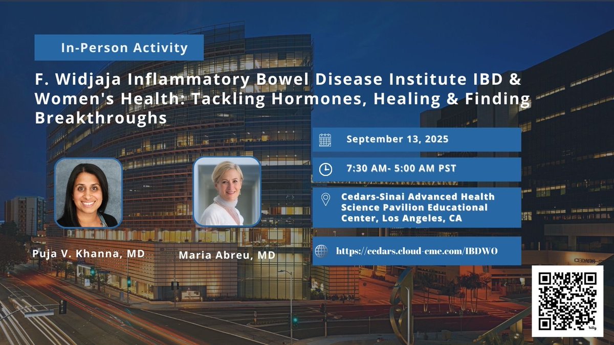 Puja Vora Khanna (@pujakhannamd) on Twitter photo Come join us for our Women’s Health Conference dedicated to addressing unique issues faced by women with IBD!
Registration link
cedars.cloud-cme.com/IBDWO
<a href="/ibddocmaria/">Maria T. Abreu</a> <a href="/IBDCedarsSinai/">IBD at Cedars-Sinai</a> Come join us for our Women’s Health Conference dedicated to addressing unique issues faced by women with IBD!
Registration link
cedars.cloud-cme.com/IBDWO
<a href="/ibddocmaria/">Maria T. Abreu</a> <a href="/IBDCedarsSinai/">IBD at Cedars-Sinai</a>