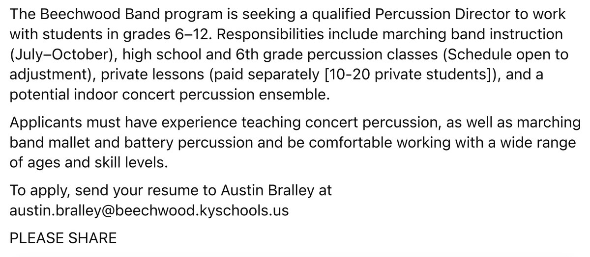 BeechwoodBands's tweet photo. Now Hiring: Percussion Director (Grades 6–12)
The Beechwood Band program is seeking a qualified Percussion Director to work with students in grades 6–12. See full post in image below. PLEASE SHARE https://t.co/uBmhoWYRoM