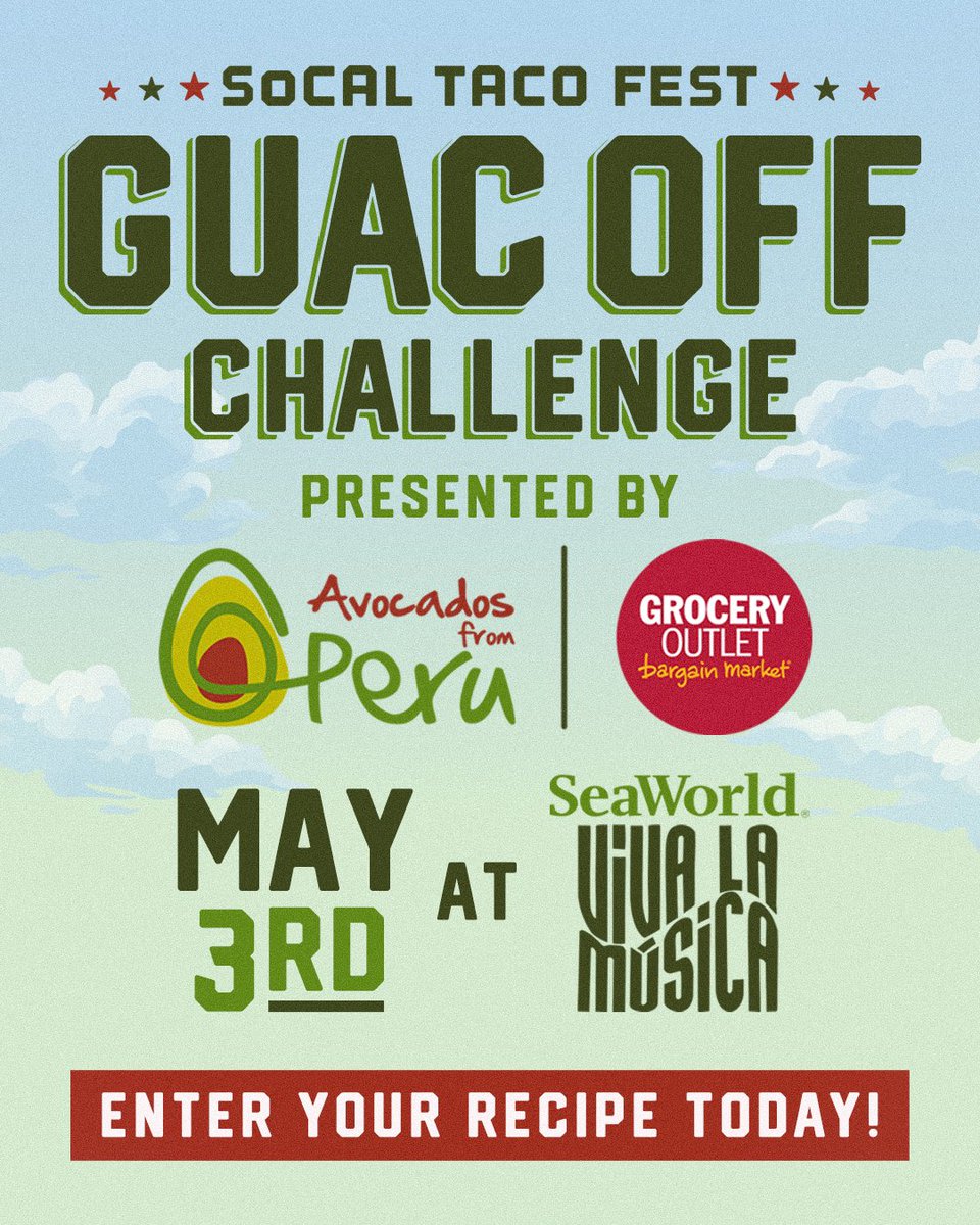 SoCal Taco Fest (@socaltacofest) on Twitter photo Think your homemade guacamole can’t be beaten? Prove it! 🥑🥑
<a href="/avosfromperu/">Avocados from Peru</a> and <a href="/GroceryOutlet/">Grocery Outlet</a> are back this year to challenge you to enter your recipe for the ultimate “GUAC OFF” at #SoCalTacoFest!
✨Details at SOCALTACOFEST.com✨ Think your homemade guacamole can’t be beaten? Prove it! 🥑🥑
<a href="/avosfromperu/">Avocados from Peru</a> and <a href="/GroceryOutlet/">Grocery Outlet</a> are back this year to challenge you to enter your recipe for the ultimate “GUAC OFF” at #SoCalTacoFest!
✨Details at SOCALTACOFEST.com✨