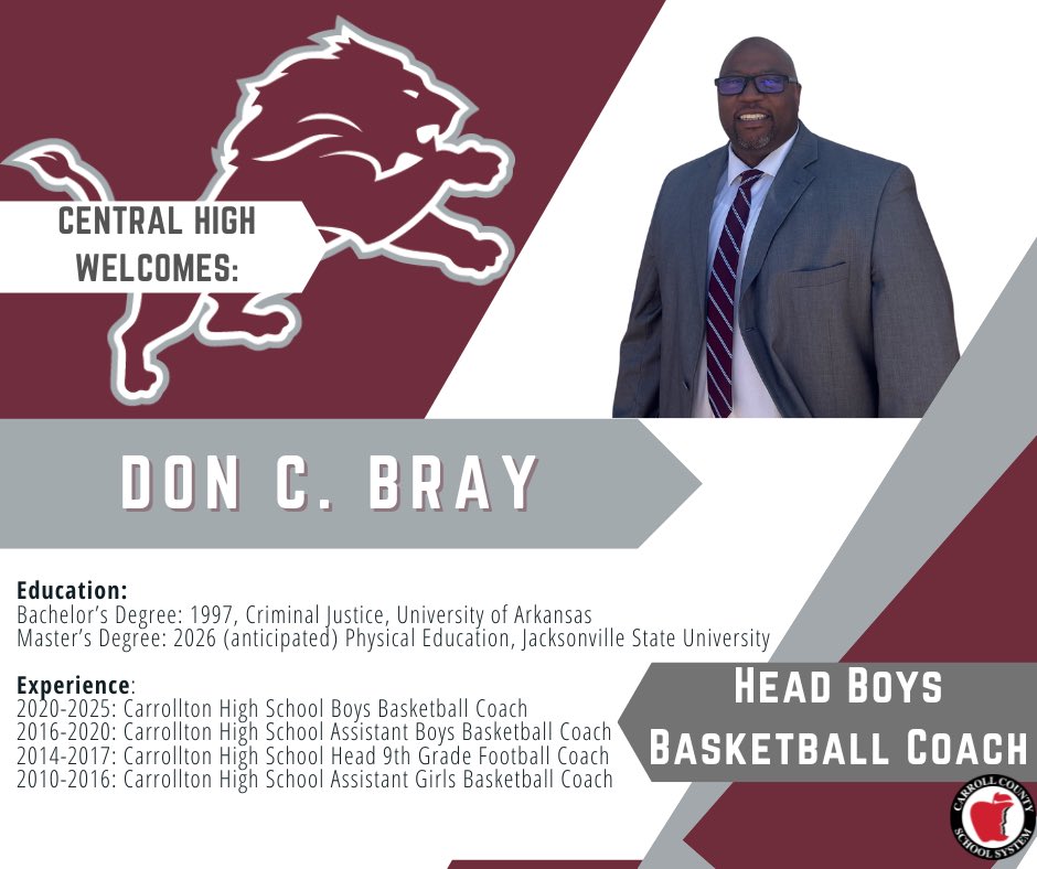Central Athletics (@lionsportschs) on Twitter photo Central Athletics is excited to welcome
Don Bray as the new Head Boys Basketball Coach! Welcome to Lion Valley, Coach Bray!!
#lionstrong
<a href="/HSM_WestGA/">Hometown Sports Media</a> <a href="/GradickSports/">Gradick Sports</a> <a href="/CCSSAthletics/">Carroll County Athletics</a> <a href="/Central_Hoopz/">Central Basketball</a> <a href="/TheMorningFive/">The Morning 5</a> Central Athletics is excited to welcome
Don Bray as the new Head Boys Basketball Coach! Welcome to Lion Valley, Coach Bray!!
#lionstrong
<a href="/HSM_WestGA/">Hometown Sports Media</a> <a href="/GradickSports/">Gradick Sports</a> <a href="/CCSSAthletics/">Carroll County Athletics</a> <a href="/Central_Hoopz/">Central Basketball</a> <a href="/TheMorningFive/">The Morning 5</a>