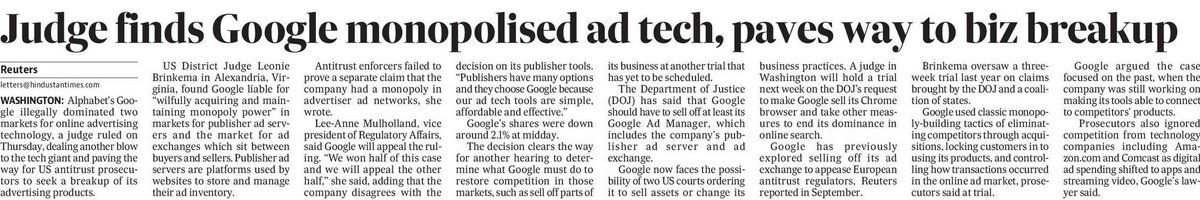 KaliKamlesh's tweet image. US judge rules #Google illegally monopolized ad tech markets, paving the way for potential breakup of its ad products. DOJ pushes for divestment of Google Ad Manager. #Antitrust #GoogleAdTech