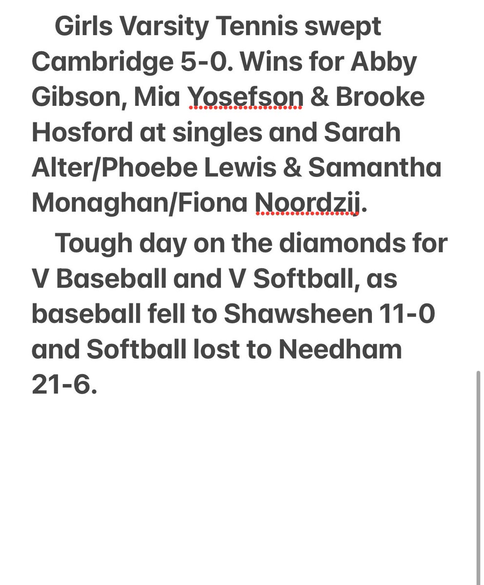 Concord-Carlisle High School Athletics (@ccpatsad) on Twitter photo Varsity finals today:
Boys Lax beat Reading 10-7
Girls Tennis beat Cambridge 5-0
Baseball lost to Shawsheen 11-0
Softball lost to Needham 21-6
<a href="/BostonHeraldHS/">Danny Ventura</a> <a href="/GlobeSchools/">Boston Globe Schools</a> Varsity finals today:
Boys Lax beat Reading 10-7
Girls Tennis beat Cambridge 5-0
Baseball lost to Shawsheen 11-0
Softball lost to Needham 21-6
<a href="/BostonHeraldHS/">Danny Ventura</a> <a href="/GlobeSchools/">Boston Globe Schools</a>