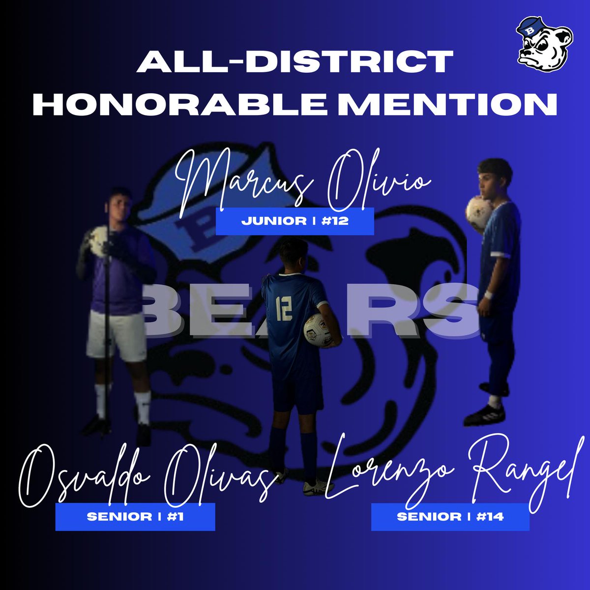 Congratulations to the following players for being selected 1-4A All-district Honorable Mention:

Osvaldo Olivas; Sr; GK
Marcus Olivo; Jar; Mid
Lorenzo Rangel; Sr; Def

🐻⚽