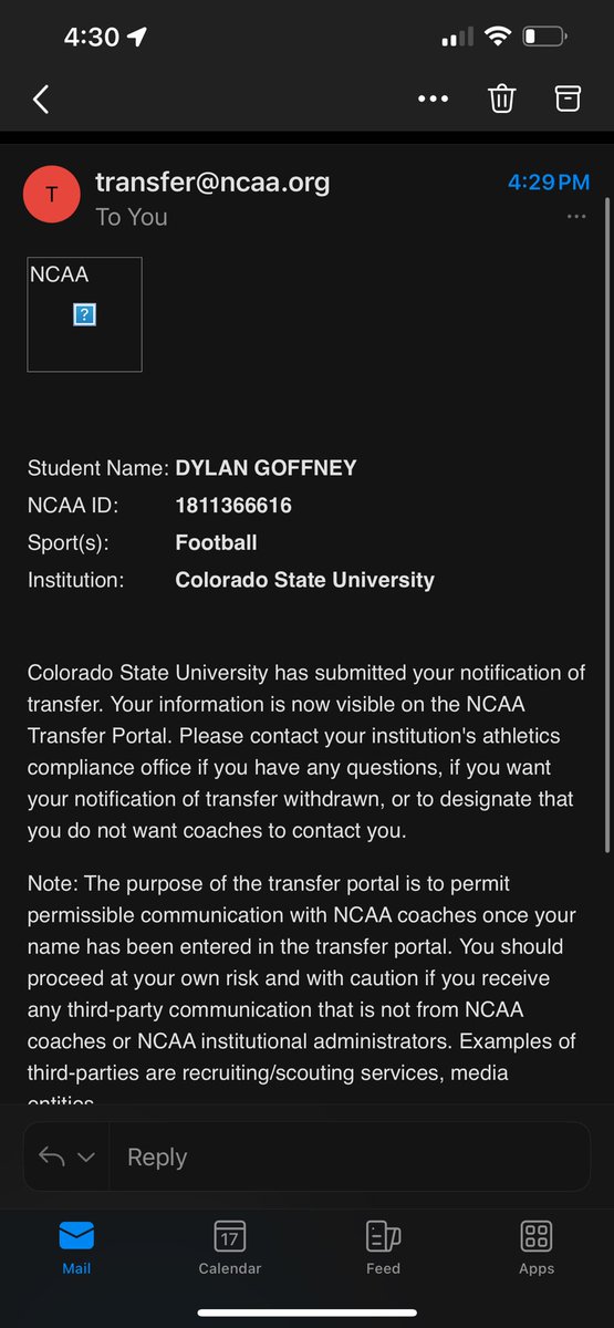 Grateful for my time at Colorado State and excited for the next chapter! I have officially enter the transfer portal with one year of eligibility.
