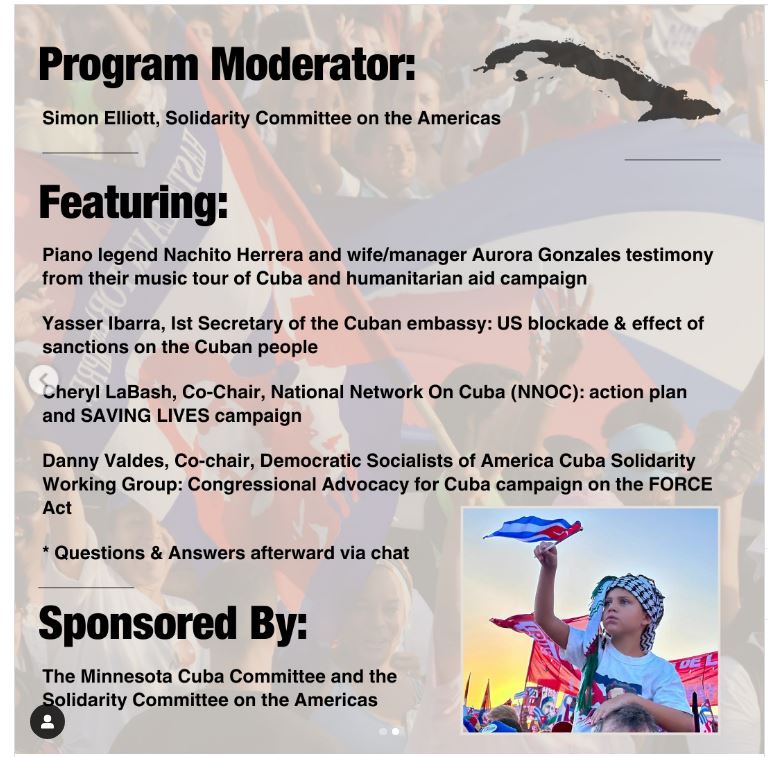 This Friday, April 18 at 3 pm CST
ZOOM LINK: us02web.zoom.us/j/85609051750?… n3SM.1
Solidarity orgs &amp; Congressional staff to learn about the impacts of the U.S. Blockade on the Cuban people and to understand the increasingly aggressive U.S. policies against Cuba. Will discuss actions.