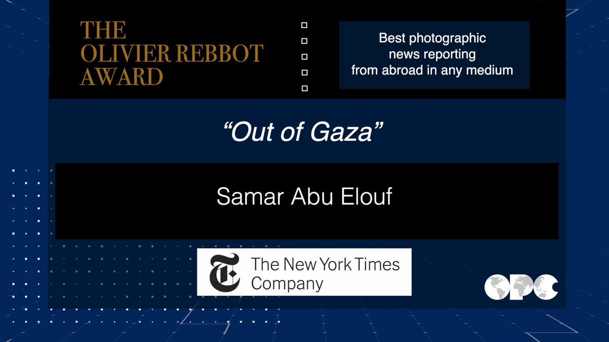 opcofamerica's tweet photo. Congratulations to @samarabuelouf of the @nytimes for winning the Olivier Rebbot Award for best photographic news reporting from abroad in any medium, for coverage of Gaza. Watch the acceptance speech here: https://t.co/PMoYMiVhYG #OPCAwards86 https://t.co/iwqyNpxwqa