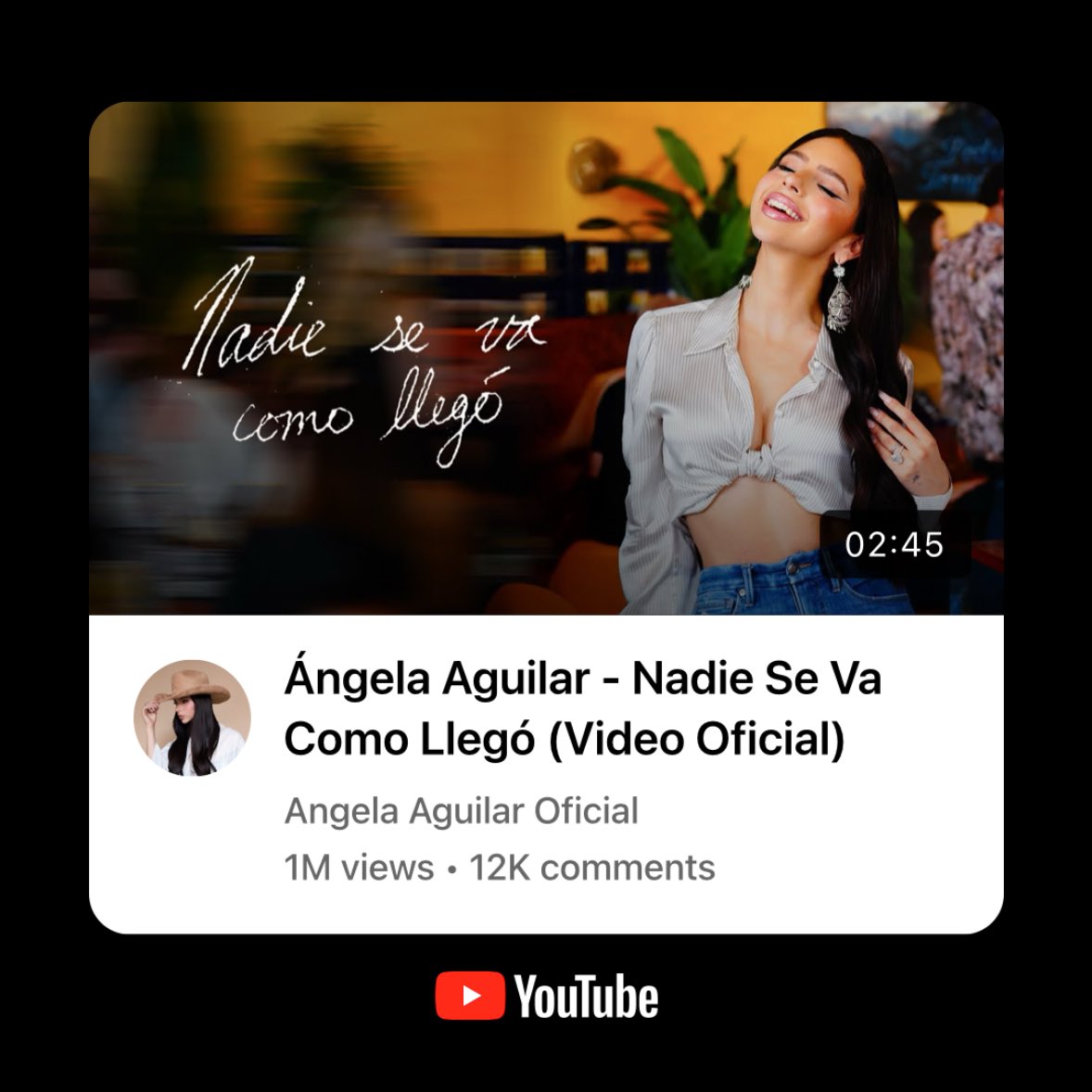 — “Nadie Se Va Como Llegó” de Ángela Aguilar llegó a 1 millón de reproducciones en menos de 24 hrs y se posiciona en #1 en tendencias. 🇲🇽❤️‍🔥