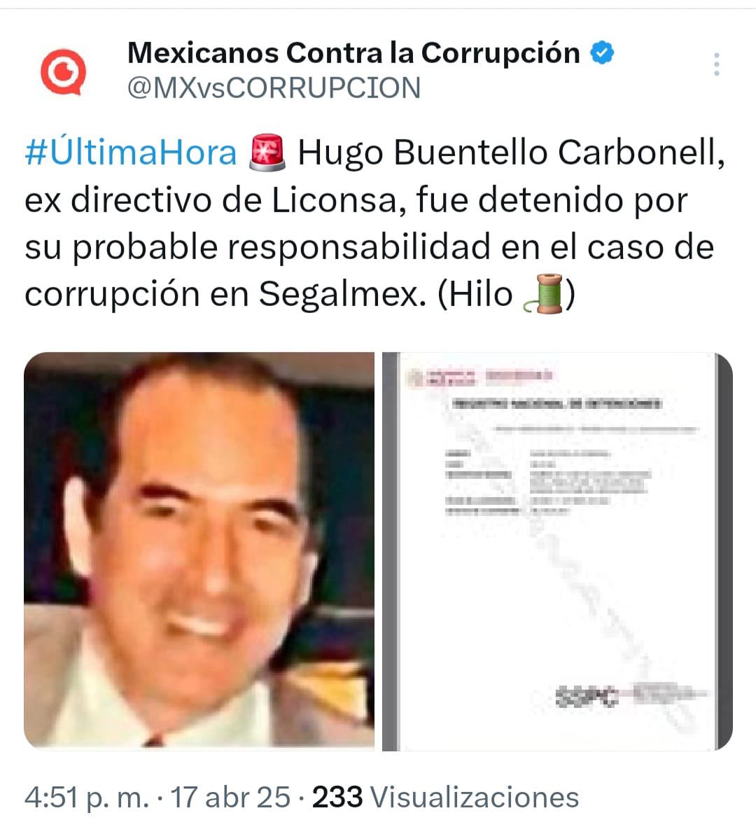 Detienen por corrupción a exfuncionario de Segalmex y amigo de Andrés Manuel López Beltrán, secretario de Organización de Morena. 
Hugo Bentello Carbonell fue subdirector de operaciones en Liconsa, durante el desfalco de 20 mil millones de pesos, bajo la dirección de Ignacio