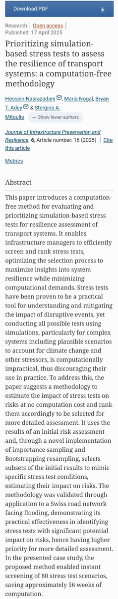 Nasrazadani, H., Nogal, M., Adey, B.T. et al. Prioritizing #simulation-based stress tests to assess the #resilience of #transport #systems: a computation-free #methodology. J Infrastruct Preserv Resil 6, 16 (2025). doi.org/10.1186/s43065…
​#JIPR #newPub