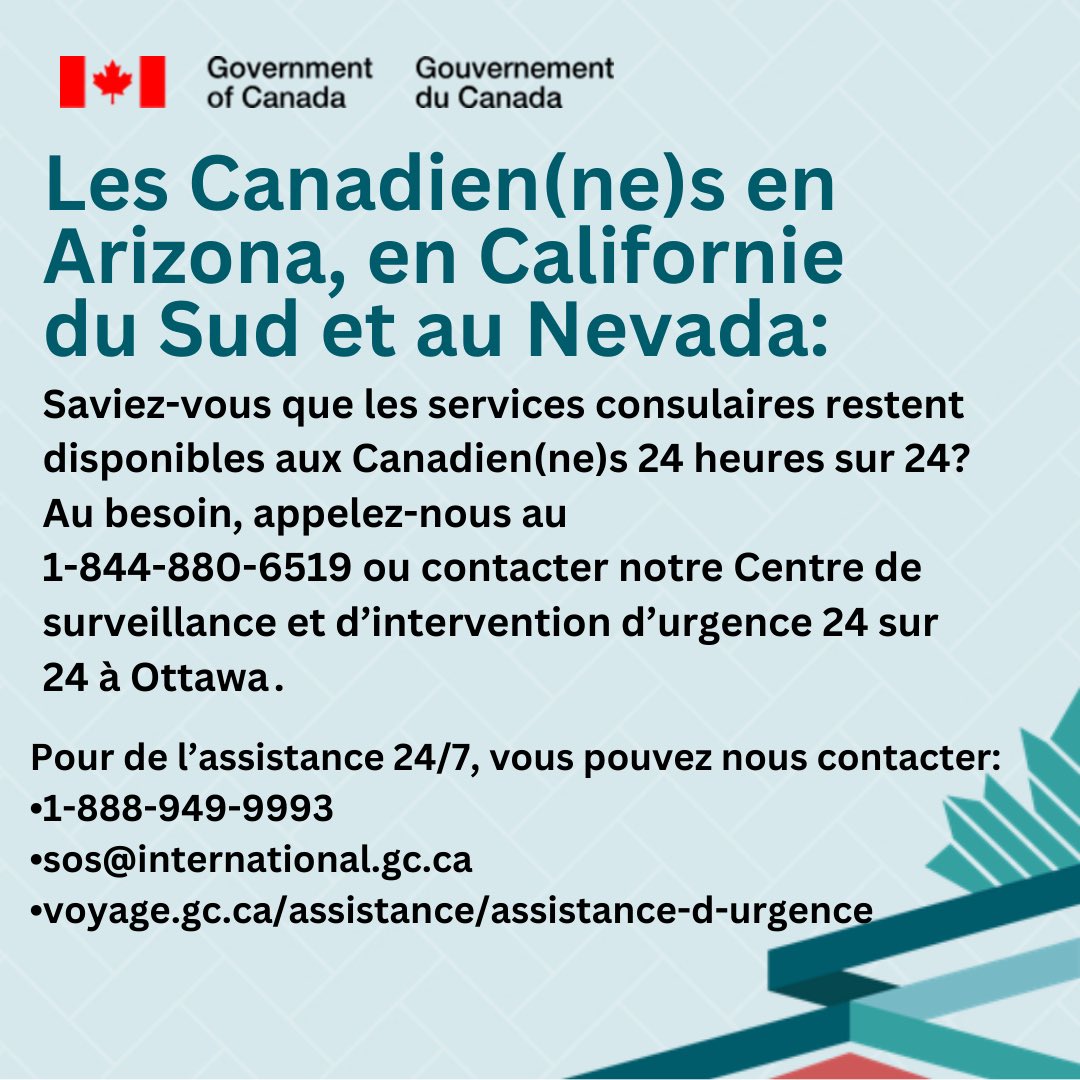 Pour de l’assistance consulaire 24/7, vous pouvez nous contacter:
•1-888-949-9993
•sos@international.gc.ca
•voyage.gc.ca/assistance/ass…