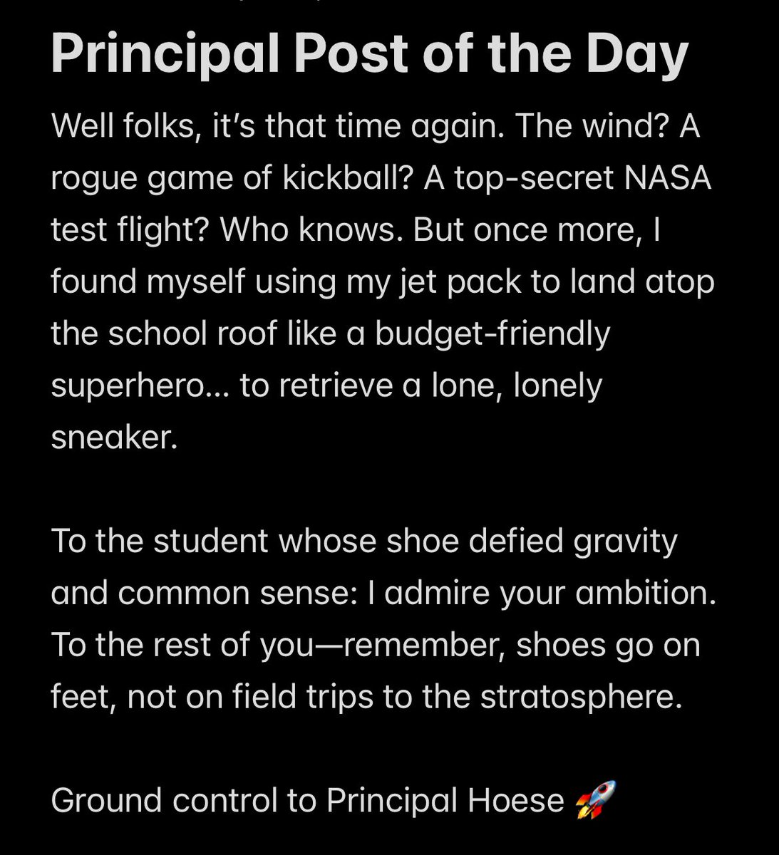 Principal Post of the Day

#ShoeRescueMission5
#principal #principallife 
#JustAnotherDayAtTheOffice