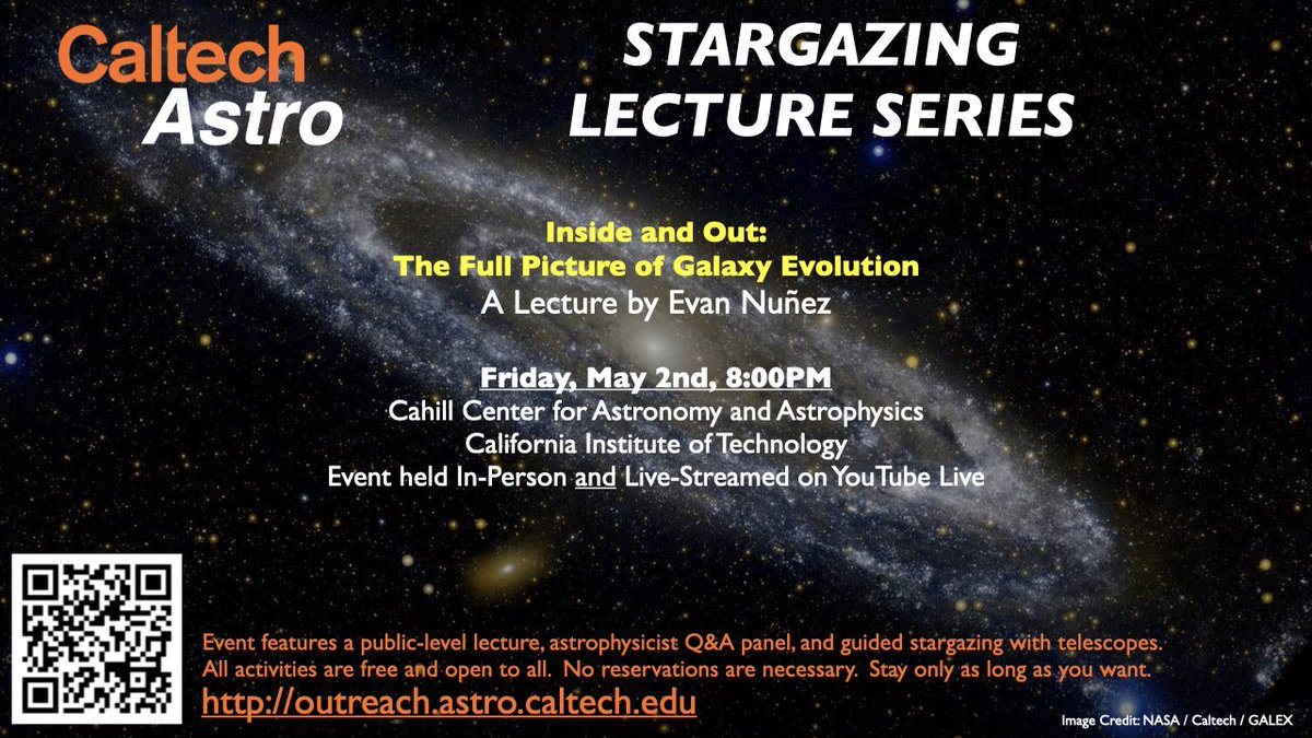 Galaxies are collections of gas, stars, and dark matter held together by gravity.  But how do galaxies, like our own Milky Way, change over their lives?  Join us for a 30-minute lecture about galaxies followed by guided stargazing with telescopes:
outreach.astro.caltech.edu
