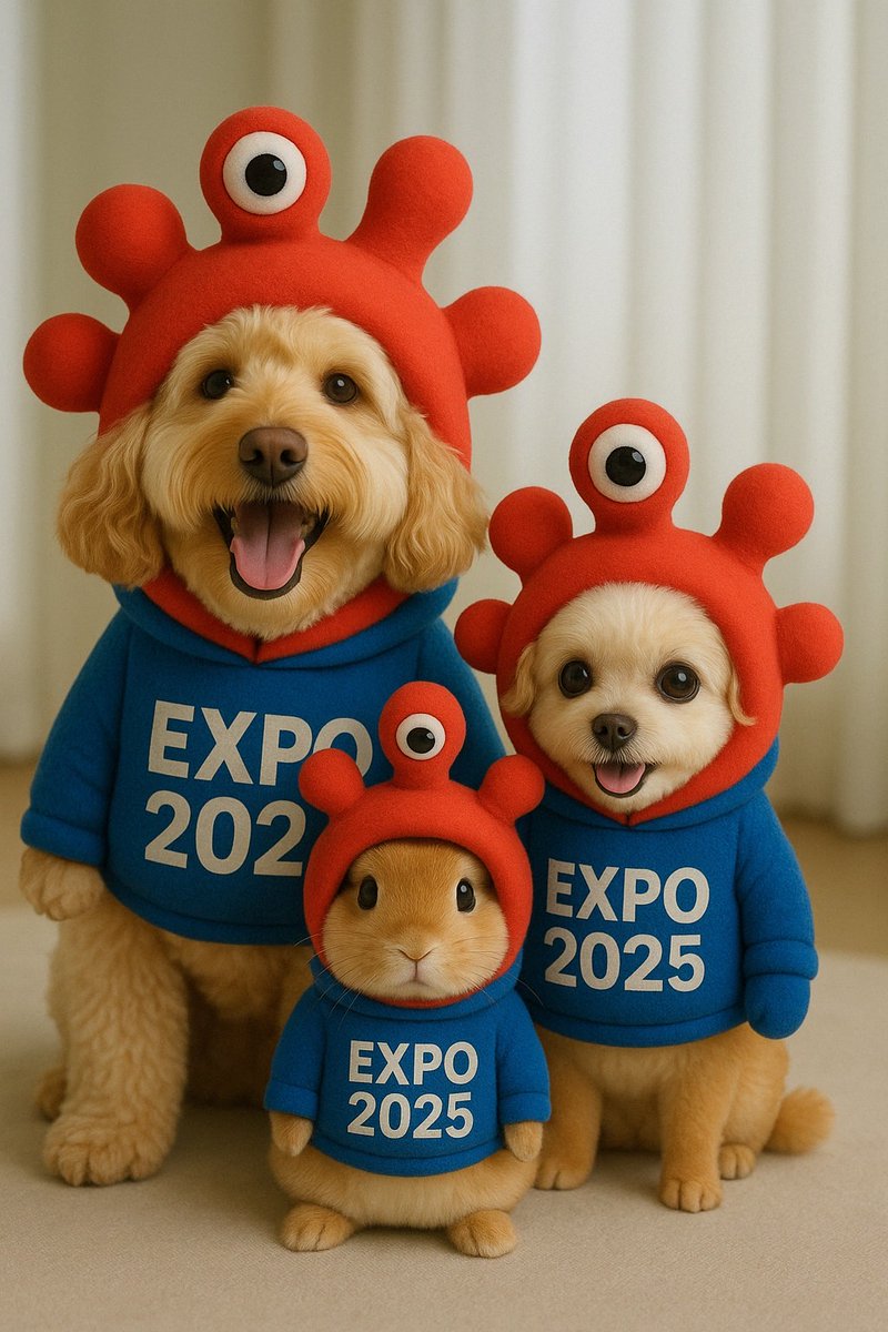 お友達のポンちゃんポテトくんといっしょにミャクミャク風