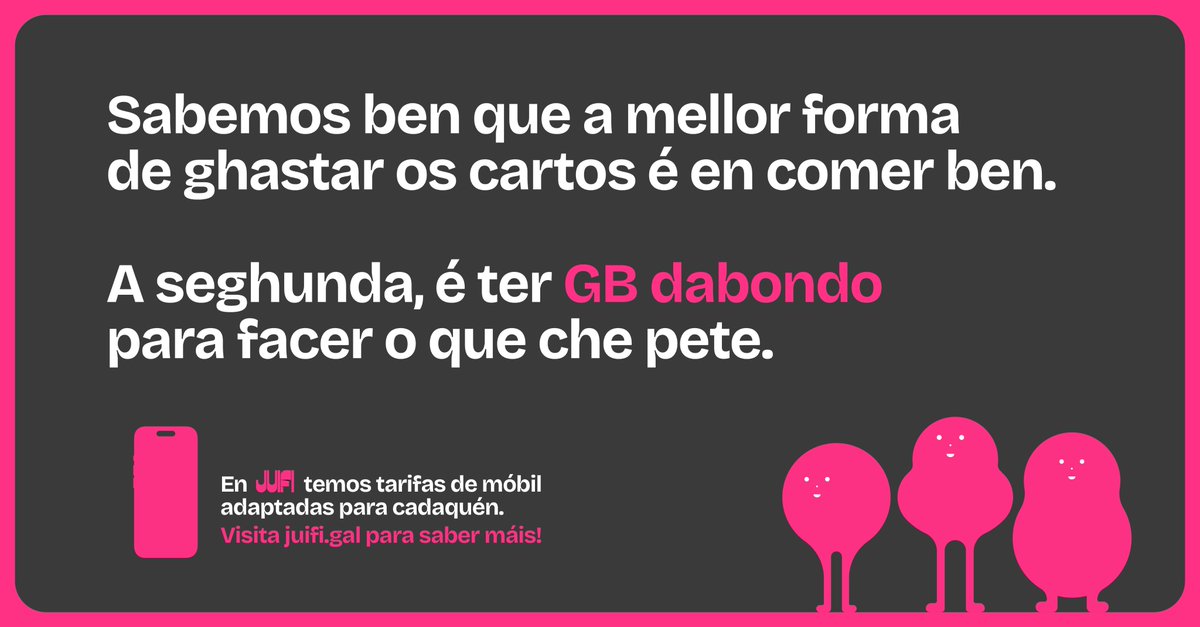 JUIFIgal's tweet photo. Non todo vai de gastar máis, vai de gastar mellor.
E diso, en Galicia, sabemos ben! 😉

#OlaSomosJUIFI #FeitoEnGalicia #Móbil #Fibra https://t.co/CJDDPCcIVM