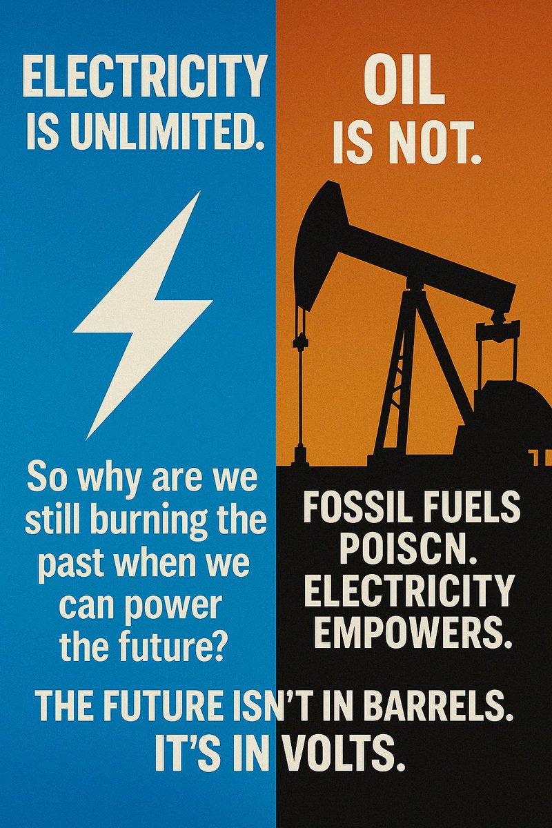 EtherionSentin1's tweet image. Electricity is unlimited. Oil is not.
So why are we still burning the past when we can power the future?
Fossil fuels poison. Electricity empowers.

#EndOil #ElectricFuture #CleanEnergyNow #VoltsOverBarrels #BurnTheLie #Canada @WeAreCanProud @PierrePoilievre
