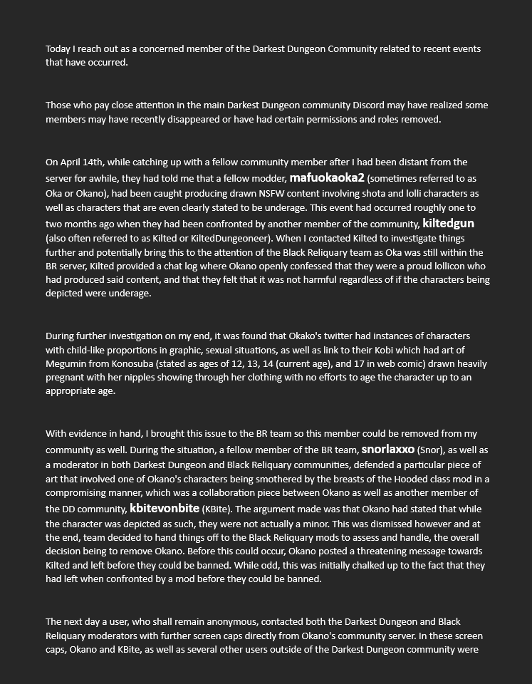 MoonKanin's tweet photo. While I am often opposed to being involved with drama, a situation has occurred in the #DarkestDungeon community that I cannot be quiet about as a safety concern as well as just it simply being a situation so disgusting I cannot keep quiet about it. https://t.co/xFTItUn0jT