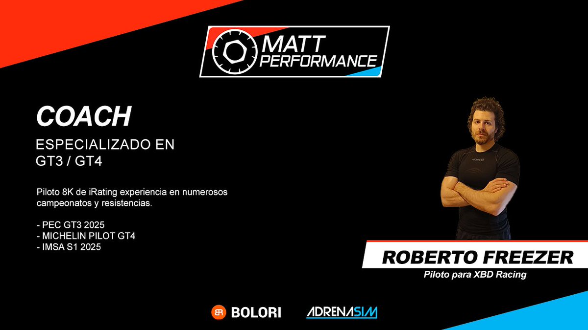 Matt Performance (@mattperformance) on Twitter photo Roberto nos aporta experiencia al unirse al equipo Matt Performance, coach experimentado del equipo <a href="/xbdracing/">XBD Racing Motorport</a>
<a href="/IZer91/">Roberto C Freezer</a> Roberto nos aporta experiencia al unirse al equipo Matt Performance, coach experimentado del equipo <a href="/xbdracing/">XBD Racing Motorport</a>
<a href="/IZer91/">Roberto C Freezer</a>