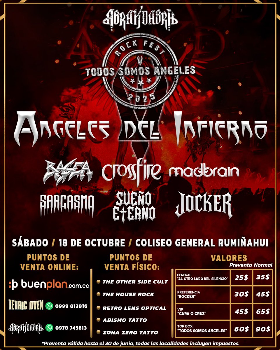 🟰ABRAKDABRA FEST🟰

🔥PREVENTA  DISPONIBLE DESDE MAÑANA 🔥

▪️Desde este viernes ya puedes adquirir tu preventa con descuento, no pierdas esta oportunidad!

📌Quito 18 de octubre/ Coliseo General Rumiñahui/ 16h00

Ángeles del Infierno / Basca / Crossfire/ Madbrain/ Sarcasmo/