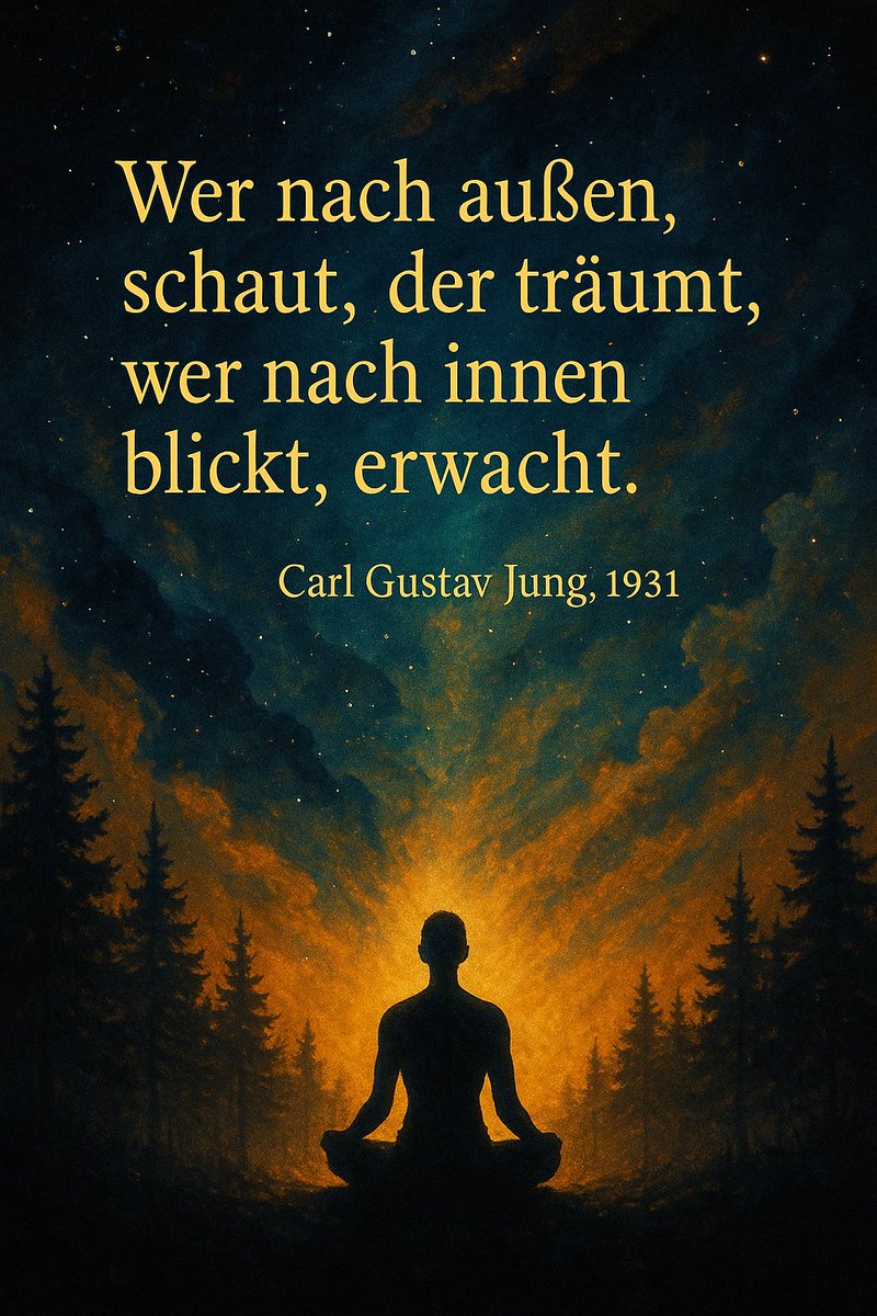 TimoMargstein's tweet photo. „Wer nach außen blickt, träumt. 
Wer nach innen schaut, erwacht.“ 
(Carl Gustav Jung, 1931)

In diesem einen Satz liegt ein ganzes Universum menschlicher Existenz verborgen.

Die Hermetik drückt es ebenso klar aus:
„Wie innen, so außen.“

Unsere Gedanken sind wie Samen,
unsere Gefühle das Wasser,
das, was wir im Inneren nähren,
spiegelt sich als Frucht im Außen wider.

Jeder Gedanke formt die Welt, die wir erleben.

So kennen wir das Prinzipien der Affirmation;
„Deine Gedanken erschaffen deine Realität“.

Und so liegt der Schlüssel 
zum inneren Frieden und Freiheit:
nicht im äußeren Lärm,
nicht im Rausch des Konsums,
nicht in flüchtigen Freuden.
Sondern wahres Glück wurzelt
in der Stille unseres Herzens!

Wenn wir lernen, 
uns von der Jagd nach äußeren Reizen zu lösen 
und wenn wir uns erinnern, wer wir wirklich sind, 
dann öffnen sich Räume:
voller Klarheit,
Kraft und
schöpferischem Potenzial.

Denn in der Tiefe unseres Seins,
sind wir nicht nur Suchende, 
sondern auch die Gestalter unserer Wirklichkeit.

Wir dürfen erkennen, dass wir mit Allem verbunden sind
und Trennung im Außen auf Illusion beruht.