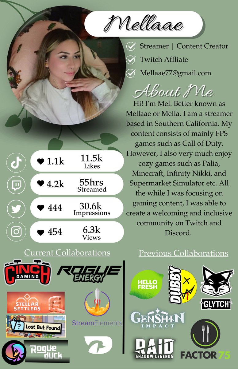 Mellaaee's tweet image. Hai my friends! Here is my first official Media Kit!
🟣twitch.tv/mellaae
✉️mellaae77@gmail.com
✅My DMs are open