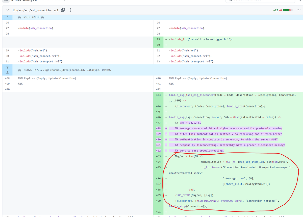 gothburz's tweet image. I was able to reproduce this vulnerability. Here is the network traffic and patch diff, the Client sends a Channel Open message (type 90) without finishing the authentication handshake. The patch adds a function to immediately disconnect when receiving such messages from an