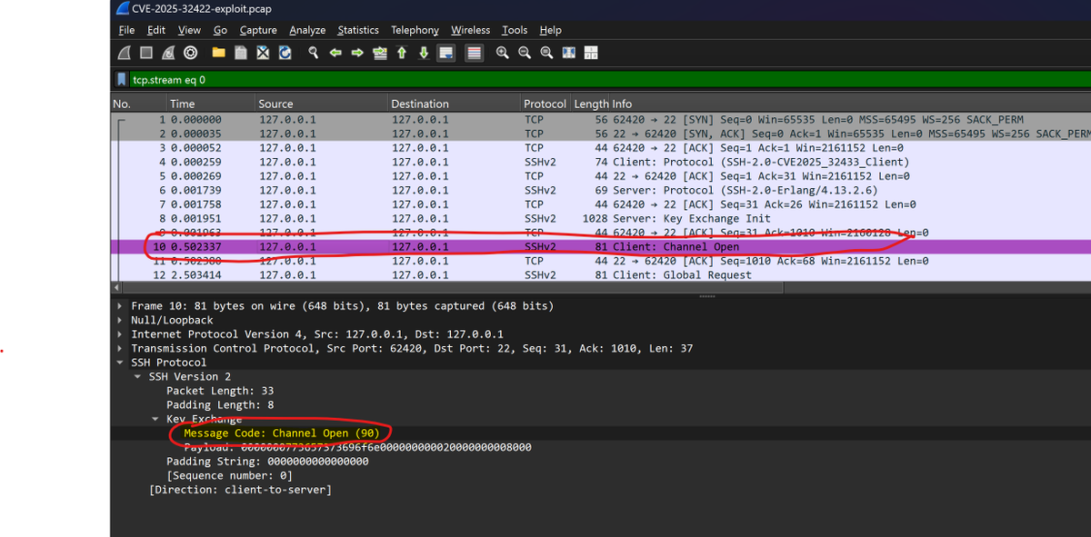 gothburz's tweet image. I was able to reproduce this vulnerability. Here is the network traffic and patch diff, the Client sends a Channel Open message (type 90) without finishing the authentication handshake. The patch adds a function to immediately disconnect when receiving such messages from an