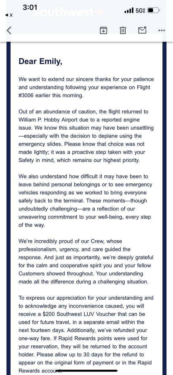 em_wheelz's tweet photo. @people I was on this flight. We were offered a $200 LUV voucher out of “an abundance of caution.” Totally downplaying the situation. The engine caught fire and we were emergently evacuated via slides. How ridiculous @SouthwestAir @people @ABC @AP @NBCNightlyNews https://t.co/vJPNmHFzQa