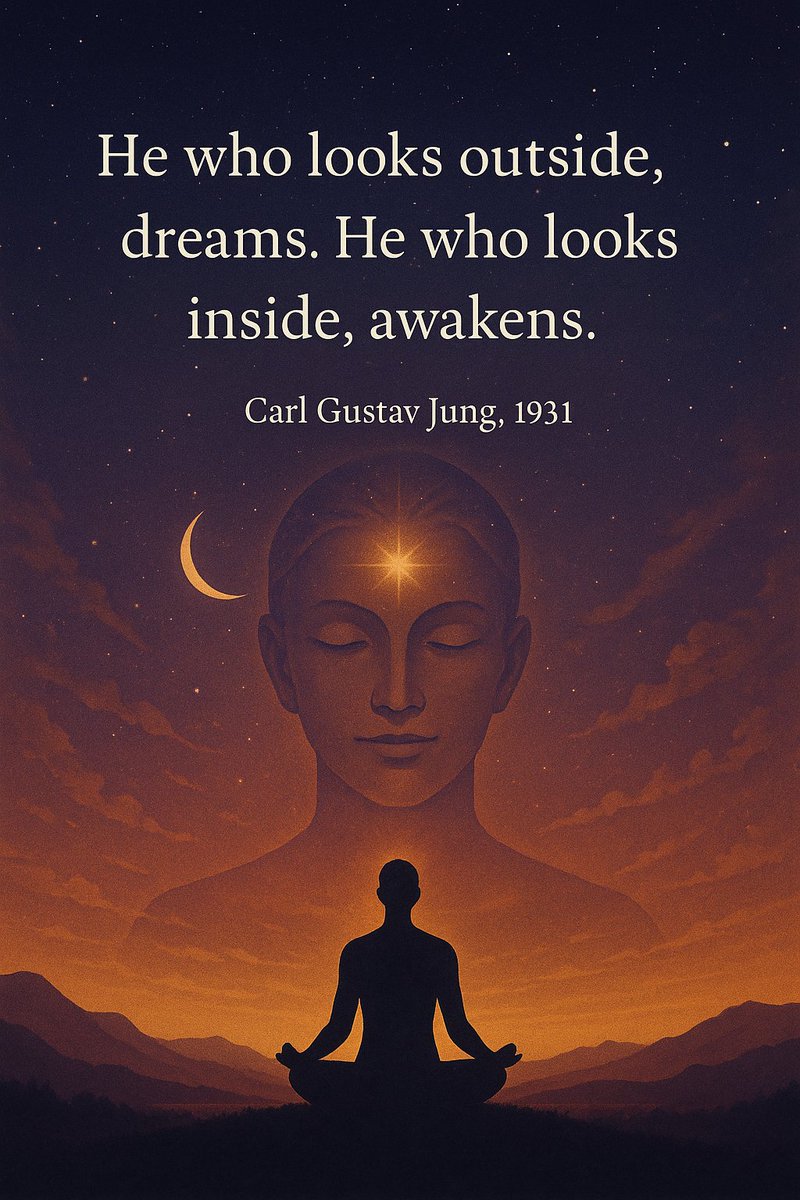 TimoMargstein's tweet photo. “He who looks outside, dreams. 
He who looks inside, awakens.”
 (Carl Gustav Jung, 1931)

Within this single sentence lies an entire universe of human existence.

Hermeticism expresses it just as clearly:
 “As within, so without.”

Our thoughts are like seeds,
our feelings the water,
that which we nurture within,
is reflected as fruit on the outside.

Every thought shapes the world we experience.
Thus we know the principles of affirmation;
 “Your thoughts create your reality.”

And so the key to inner peace and freedom
lies not in outer noise,
not in the intoxication of consumption,
not in fleeting pleasures.
True happiness is rooted in the silence of our heart!

When we learn
to detach from the chase after external stimuli
and when we remember who we truly are, 
then spaces open up:
full of clarity,
strength and
creative potential.

For in the depth of our being,
we are not only seekers, 
but also the creators of our reality.

We may realize that we are 
connected to everything
and that separation in the outer world is based on illusion.