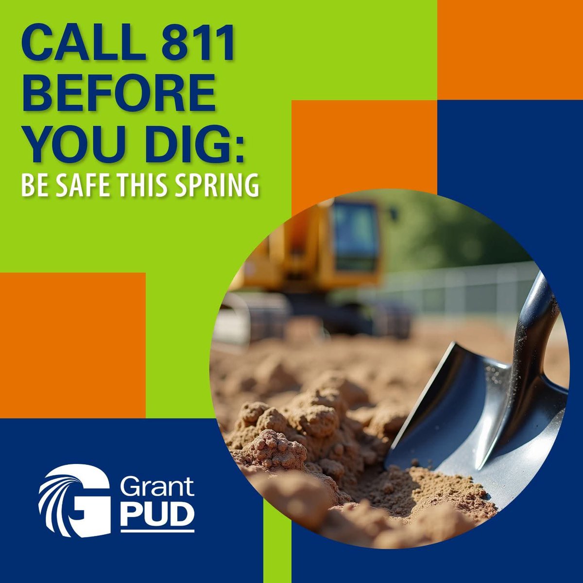 🌱 Planning a digging project? Protect yourself and our community! Call 811 at least two business days before you dig to locate underground utilities. It’s free, it’s the law, and it keeps everyone safe. ⚡️ Learn more at call811.com. #Call811 #SafeDigging #GrantPUD