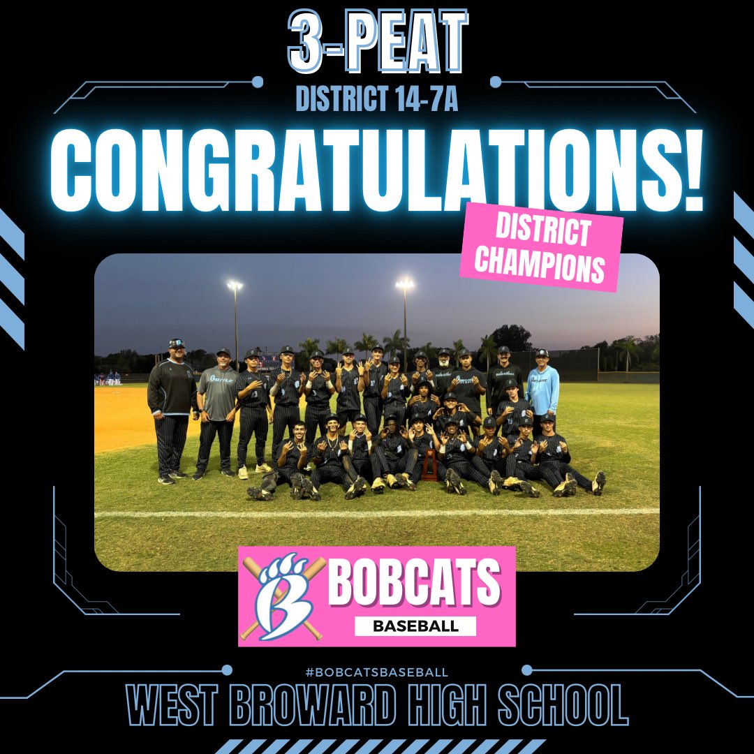 Your Bobcats are District Champs for the 3rd year in a row! 
Final score: Cypress Bay 1 West Broward 4
<a href="/Mr_P_WB/">Mr. P</a> <a href="/WestBrowardHigh/">West Broward High</a> <a href="/DavidRosenbergg/">David Rosenberg</a> <a href="/JoeFrisaro/">Joe Frisaro</a> #bobcatsbaseball #spring2025