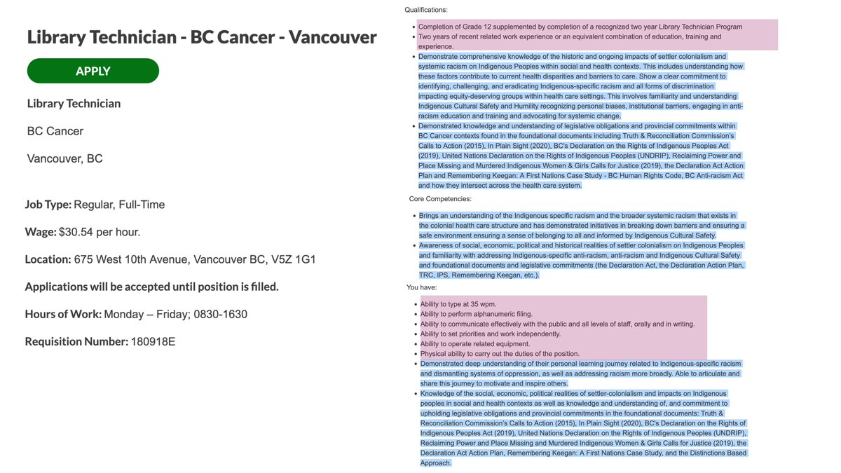 jonkay's tweet image. If you want to understand the clown world in BC under the current provincial govt (including funded entities), consider this job description for a $30.54/hour librarian.
The text highlighted in red is actual job skills.
The text in blue is ideological anti-racism requirements…