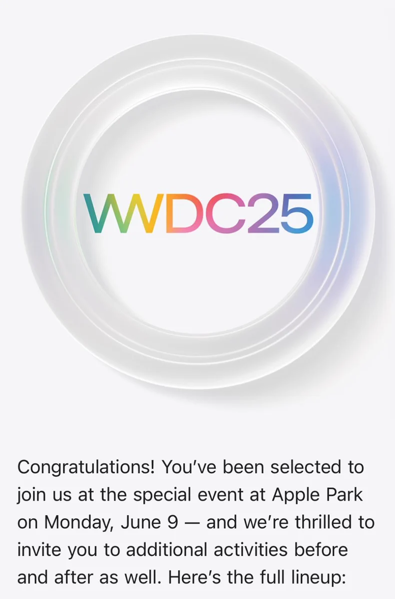 A congratulations email for being invited to WWDC 2025