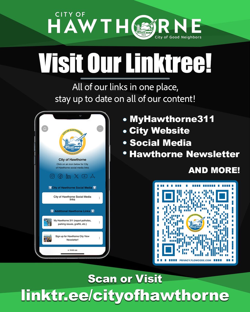 ALL City of Hawthorne information in one place...
-MyHawthorne311 app download or use it right from the site!

-City Website 
-ALL City of Hawthorne and HCTV social media links
-City View Newsletter subscription
-HCTV videos and much more!

linktr.ee/cityofhawthorne (link in bio)