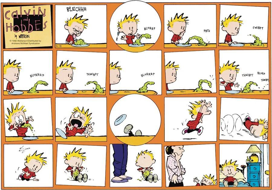 Calvinn_Hobbes's tweet photo. Calvin’s dinner is fighting back! 🤢🍽️ What’s the grossest meal you’ve ever faced? #CalvinAndHobbes #DinnerDisaster https://t.co/YlIGebxBqn