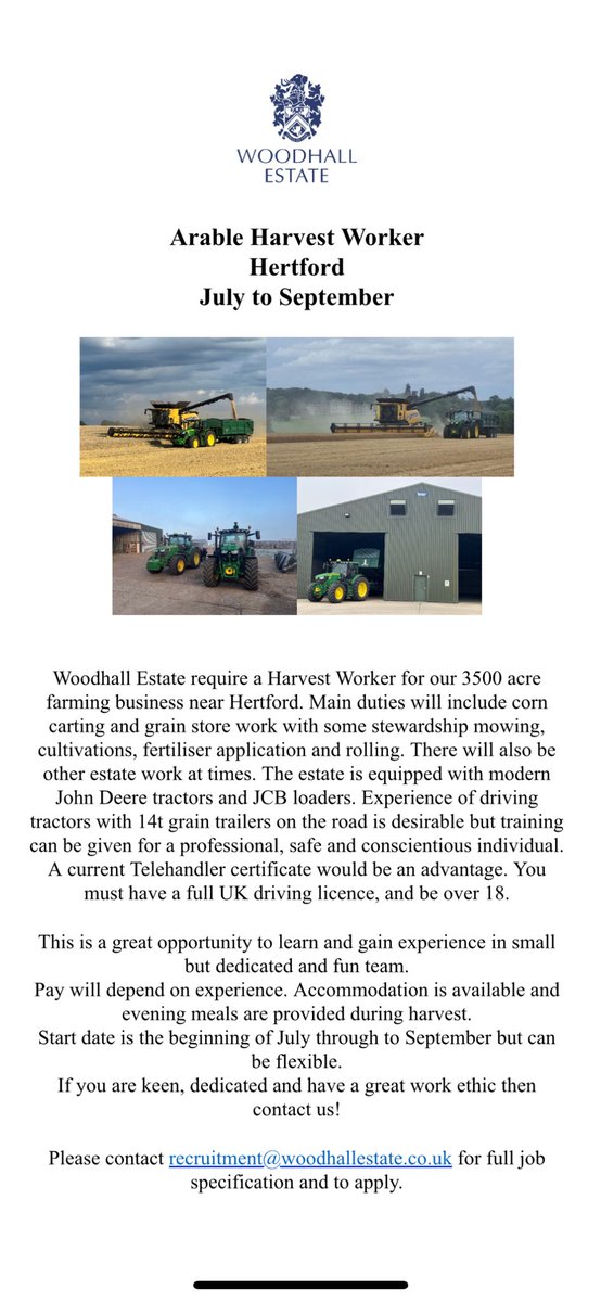 Harvest position available on a fantastic estate near Hertford!
