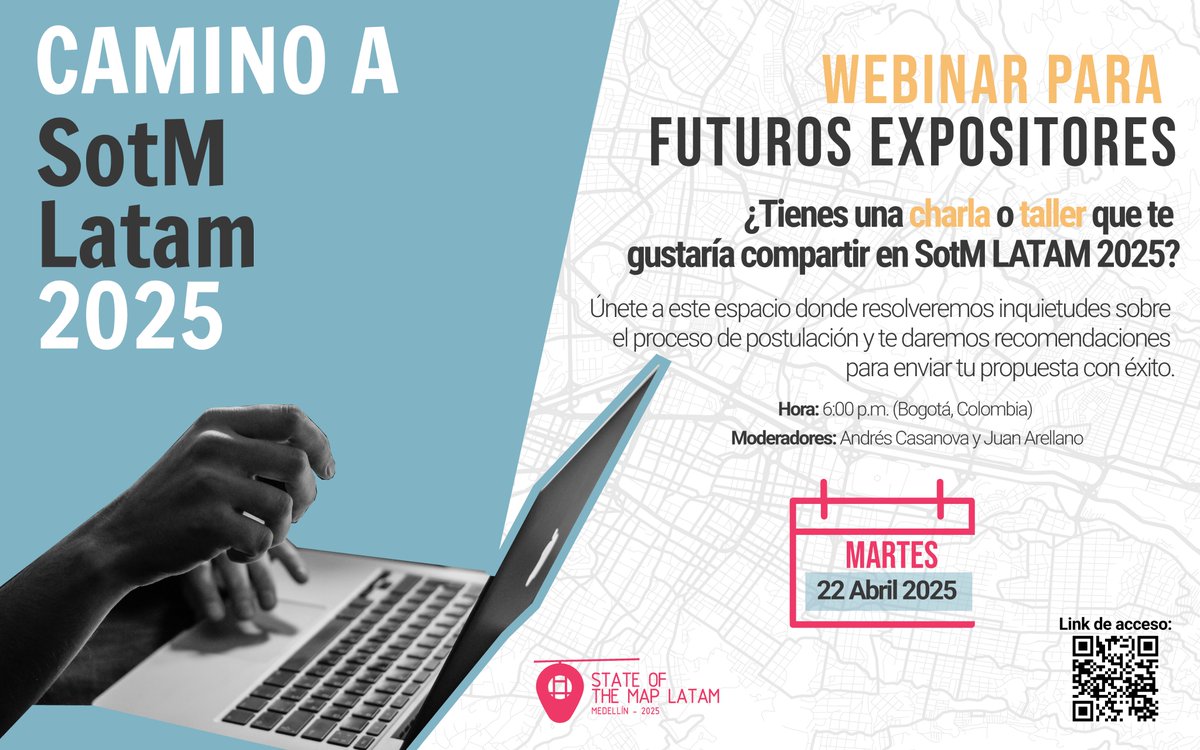 ¿Listos para el SotM 2025? 

Únete a nuestros webinars informativos sobre las convocatorias a:

🔹 Ponencias académicas
🔹 Charlas
🔹 Talleres

¡No te lo pierdas! Es tu oportunidad de ser parte de la mayor conferencia de OSM!

#SotMLatam2025
#OpenStreetMap
#OSMLatam
#Medellin