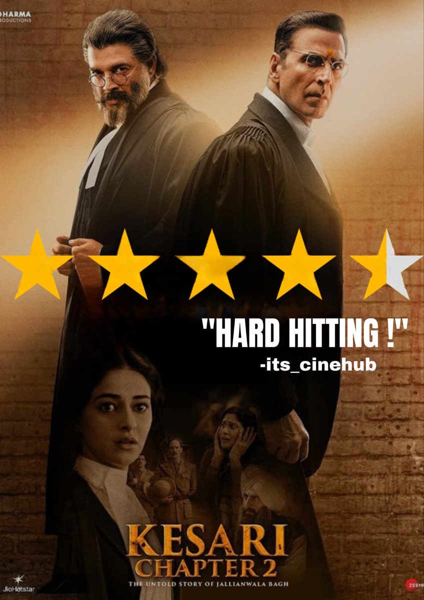 #KesariChapter2Review ~ HARD HITTING and GOOSEBUMPS 🥶

Rating - ⭐️⭐️⭐️⭐️½

#KesariChapter2 is not just a movie, but a HARD-HITTING DRAMA — sensitive, emotional, haunting, and a HEART-WRENCHING retelling of the #JallianwalaBagh incident 💥

#AkshayKumar's performance deserves