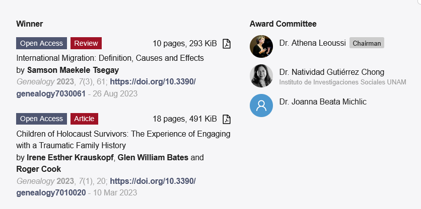 🏆🏆Best Paper Award announced🔥
👀We invite you to read the papers:
International Migration: Definition, Causes and Effects
mdpi.com/2451394

Children of Holocaust Survivors: The Experience of Engaging with a Traumatic Family History
mdpi.com/2186556