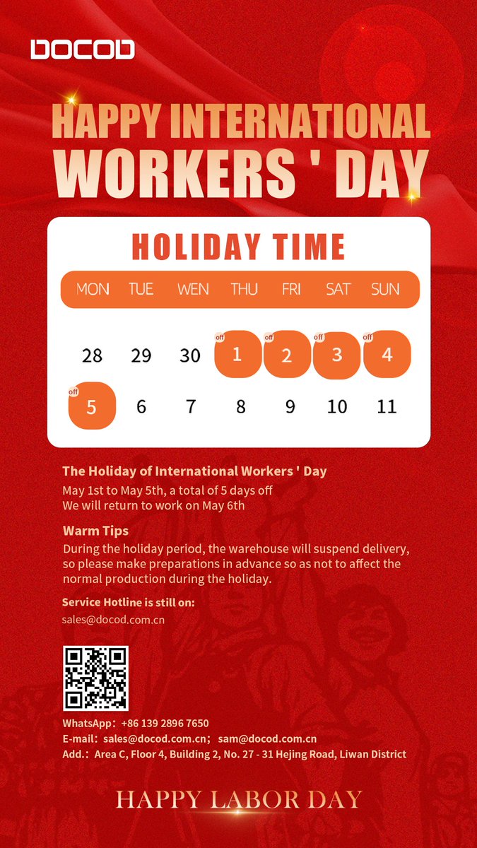 SamWong93417543's tweet image. 🏗️✨ #HAPPYLABORDAY  from DOCOD! ✨
📅 Holiday Notice: May 1st - 5th (Back on May 6th).
⚠️ Warehouse shipments paused – plan ahead!
📞 Need help? Reach us at sales@docod.com.cn or WhatsApp: +86 139 2896 7650.
🌐 Stay productive, stay safe! #WorkersDay
#DOCOD #inkjetprinter