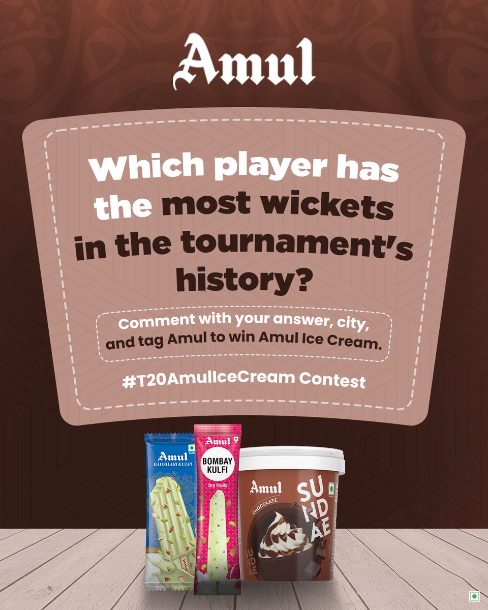 #ContestAlert 

Get it right, and you could be chilling with Amul Ice Cream! 🍦 Comment below with your answer, city, tag <a href="/Amul_Coop/">Amul.coop</a> and use #T20AmulIceCream 
T&amp;C apply.

#AmulIceCream #OfficialPartner #GameOnTohIceCreamOn #CricketSeason