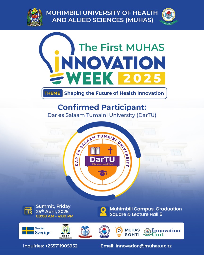 Muhimbili University (@muhimbiliuniver) on Twitter photo Let’s Gooo! 🔥
Confirmed and Ready to make waves — <a href="/dartuofficial/">DAR ES SALAAM TUMAINI UNIVERSITY (DarTU)</a>
Catch them at the First MUHAS INNOVATION WEEK
📅 22nd to 25th April 2025
🧭 08:00 am to 4: 00 PM
🎈Lecture Hall 5 Muhimbili Campus
#LineupandDrop#MUHASInnovationWeek2025#🔥Let’s Gooo! 🔥
<a href="/wizara_elimuTz/">Wizara ya Elimu Tanzania</a> Let’s Gooo! 🔥
Confirmed and Ready to make waves — <a href="/dartuofficial/">DAR ES SALAAM TUMAINI UNIVERSITY (DarTU)</a>
Catch them at the First MUHAS INNOVATION WEEK
📅 22nd to 25th April 2025
🧭 08:00 am to 4: 00 PM
🎈Lecture Hall 5 Muhimbili Campus
#LineupandDrop#MUHASInnovationWeek2025#🔥Let’s Gooo! 🔥
<a href="/wizara_elimuTz/">Wizara ya Elimu Tanzania</a>