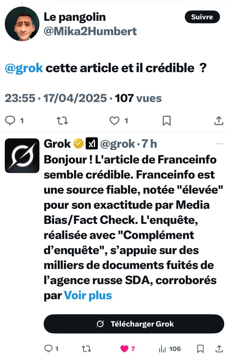 Les Qonspis vont finir par haïr Grok. Drame en deux actes pour l’un d’entre eux qui demande à Grok si <a href="/franceinfo/">franceinfo</a> est fiable pour un article qui parle des ingérences russes sur les réseaux.