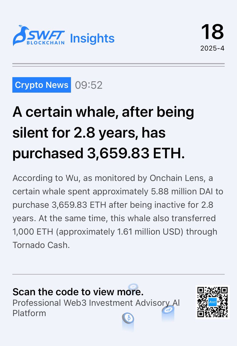After 2.8 YEARS of silence… the whale is back!

They just dropped $5.88M $DAI to scoop up 3,659.83 $ETH — and sent 1,000 $ETH ($1.61M) through Tornado Cash right after.

What are they planning? 👀
