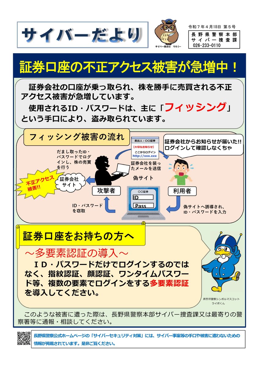 サイバー捜査課】 証券口座への不正アクセス被害が急増中！！  フィッシング等によりID・パスワードが盗み取られる被害が急増しています。ID・パスワードの他に指紋認証、顔認証、ワンタイムパスワード等の多要素認証を導入し、被害を防ぎましょう。  詳細は #サイバーだ ...