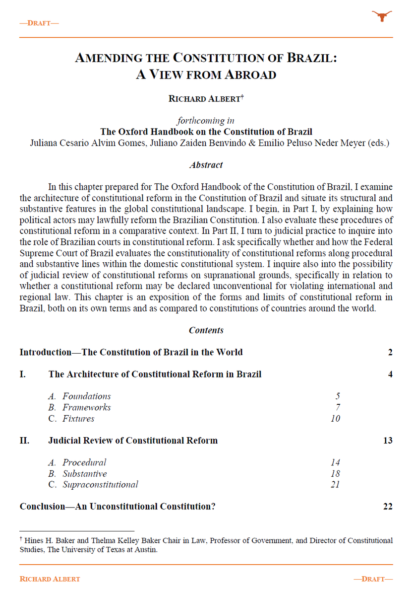 Richard Albert (@richardalbert) on Twitter photo 🎉 🇧🇷 My new paper on "Amending the Constitution of Brazil: A View from Abroad," coming soon in "The Oxford Handbook on the Constitution of Brazil," edited by <a href="/JulianoZaiden/">Juliano Zaiden Benvindo</a> <a href="/pelusoemilio/">Emilio Peluso Neder Meyer</a> & Juliana Cesario Alvim Gomes.
Comments welcome! Full draft here: papers.ssrn.com/sol3/papers.cf… 🎉 🇧🇷 My new paper on "Amending the Constitution of Brazil: A View from Abroad," coming soon in "The Oxford Handbook on the Constitution of Brazil," edited by <a href="/JulianoZaiden/">Juliano Zaiden Benvindo</a> <a href="/pelusoemilio/">Emilio Peluso Neder Meyer</a> & Juliana Cesario Alvim Gomes.
Comments welcome! Full draft here: papers.ssrn.com/sol3/papers.cf…