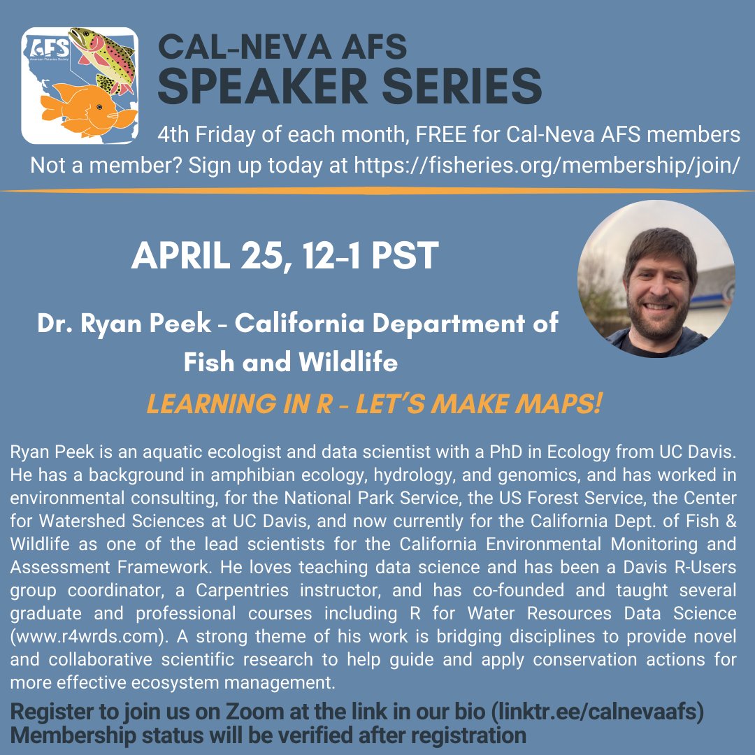 Next up in our monthly webinar series! This one will be a little different, we are going to be learning a little bit of R while chatting with Dr. Ryan Peek. Should be a great time! Don't forget to register!  linktr.ee/calnevaafs #afs #calnevaafs #fisheries #rstudio
